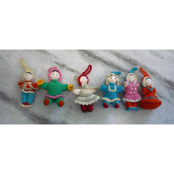 Amigurumi Miniature 2" Doll Japanese Crochet Knitted Vintage Set of 6 Silk Faces - Picture 1 of 6
